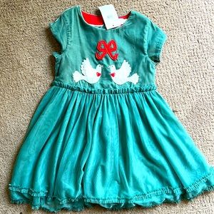 New With Tags Christmas  green dress with embroiled doves and red ribbon